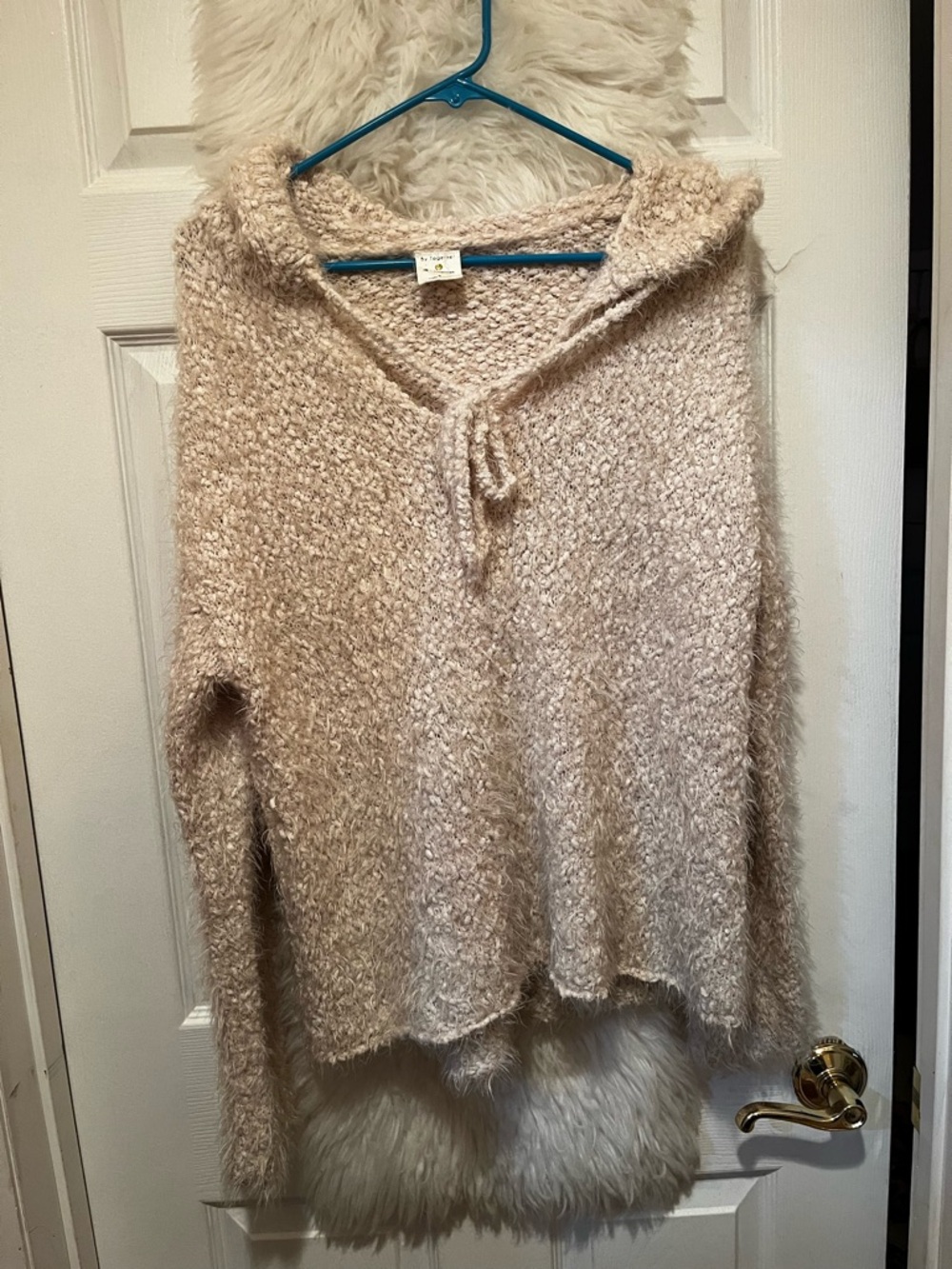 By Together Cream Fuzzy Knit Hoodie with Tie Detail